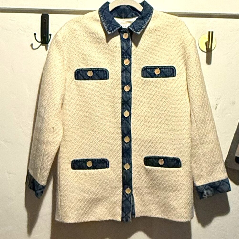 Sandro Chelby Ivory Tweed Contrast Denim Button Up Jacket FR 34 US 2